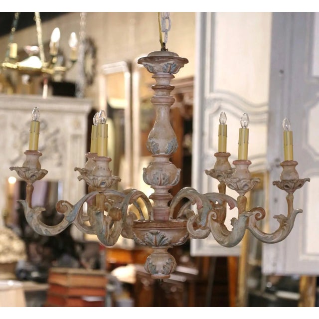 19th Century French Napoleon III Carved Polychrome & Painted 5-Light Chandelier For Sale - Image 4 of 7