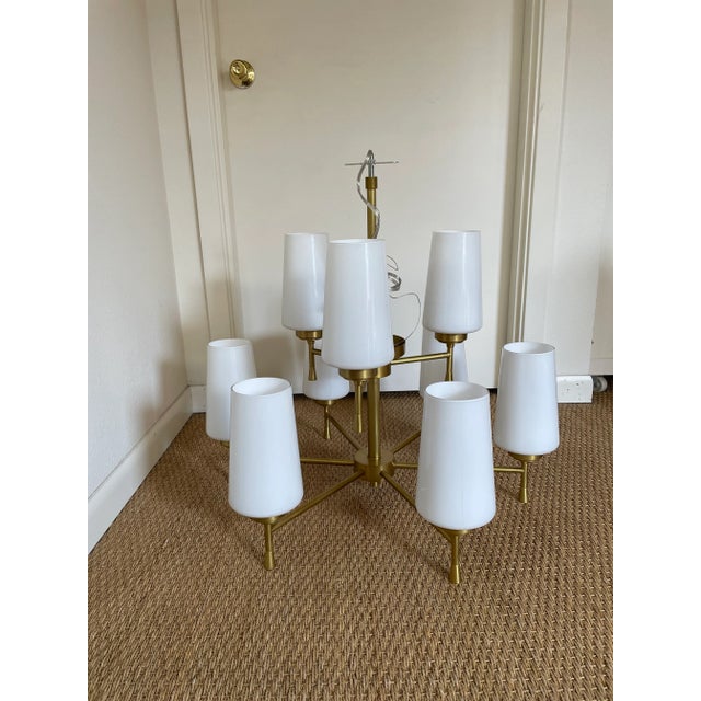 Gold Brass Chandelier With Glass Shades For Sale - Image 8 of 8