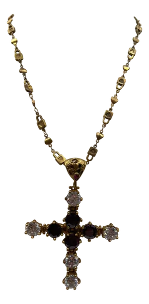 Gold -toned Brass Purple Cross Statement Necklace