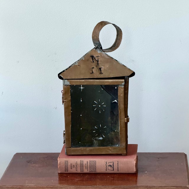 Farmhouse Antique Handcrafted Punched Tin & Copper Lantern | Folk Art Candle Lantern With Original Glass Door For Sale - Image 3 of 10