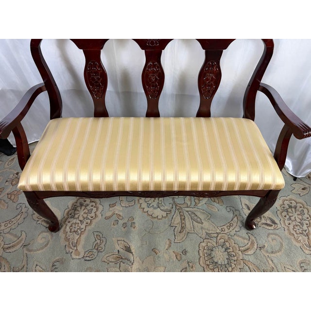 Vintage Queen Anne Style Triple-Back Walnut Settee With Stripe Satin Cushion For Sale - Image 10 of 12