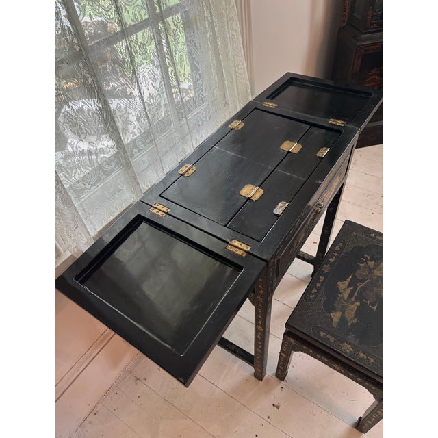 Wood Vintage Chinoiserie Black Lacquer Folding Dressing Table/Vanity With Original Mirror and Matching Stool, 2 Pieces For Sale - Image 7 of 10