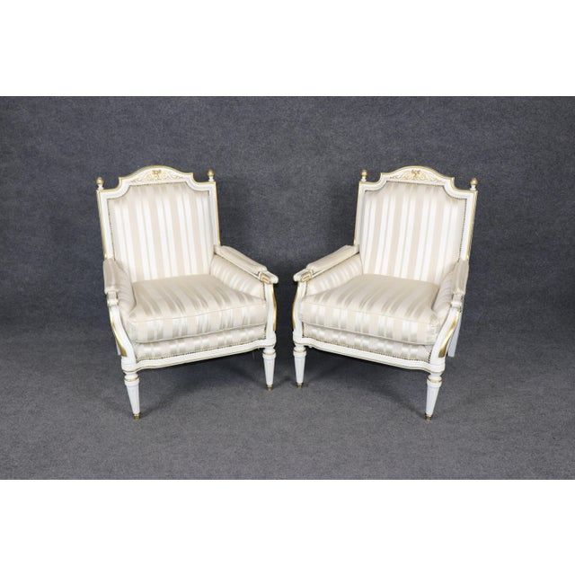 1960s 19th C Pair Louis XVI Style Creme Painted With Gilt Accent Bergere Chairs For Sale - Image 5 of 14