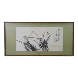 Mid 20th Century Vintage Chinese Orchid Flower Landscape Scroll Poem & Painting 37", Framed