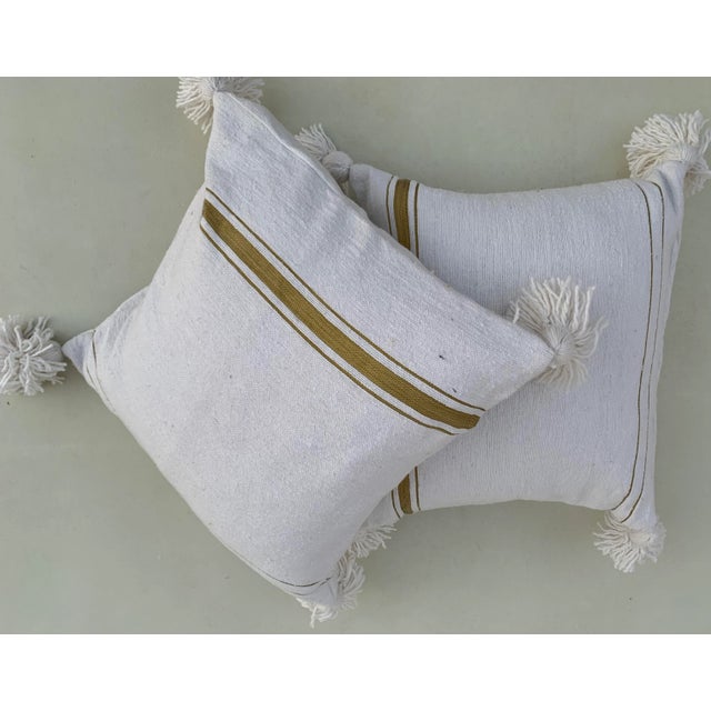 Berber Tribes of Morocco Early 21st Century Moroccan Pure Wool Pillows Pom Poms Covers- a Pair For Sale - Image 4 of 9