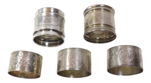 Set of 5 Antique Sterling Silver Napkin Rings With Engraved Names Ida - Will & Dorothy