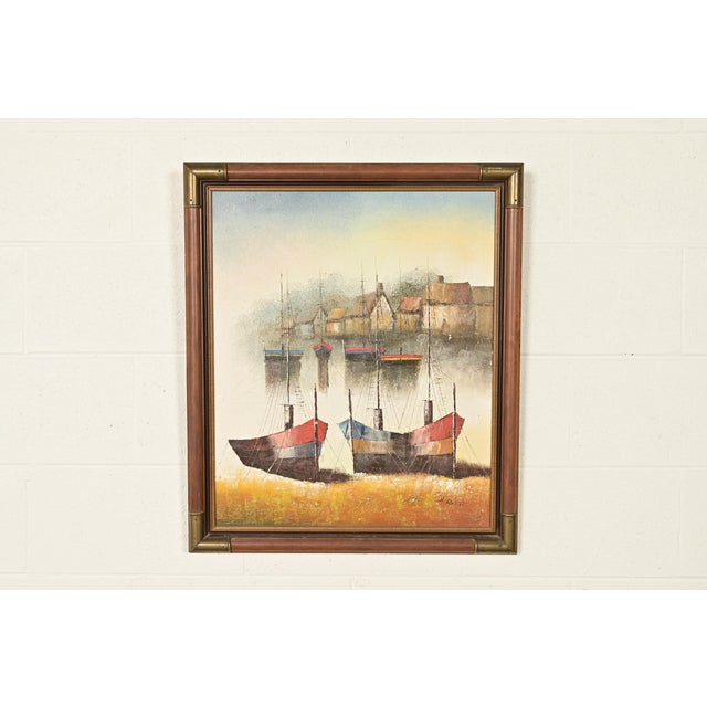 Original Artist Signed ‘Seaside Harbor’ Acrylic Painting in Carved Walnut and Brass Frame For Sale - Image 12 of 12