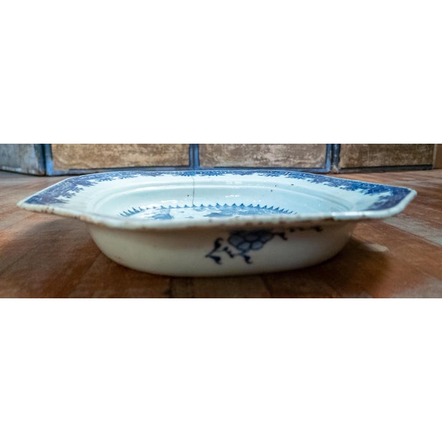 Blue 18th Century Chinese Blue and White Canton Export Vegetable Tray With Repair For Sale - Image 8 of 12