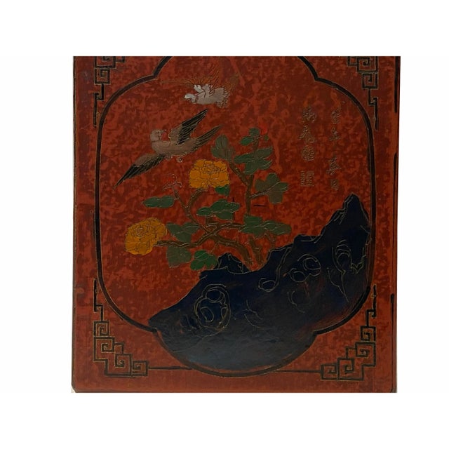 Wood Distressed Brick Red Flowers Graphic Rhombus Shape Wood Holder For Sale - Image 7 of 9