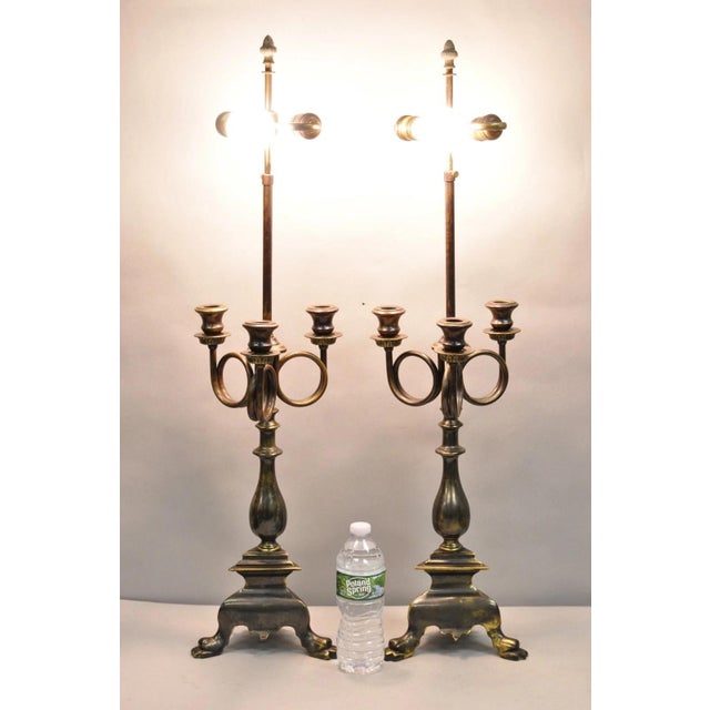 Vintage Frederick Cooper French Empire Style Lacquered Patinated Brass Trumpet Candelabra Table Lamps - a Pair. Circa Late...