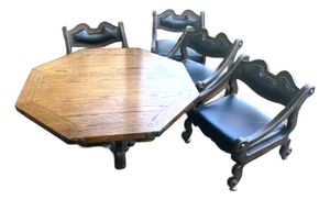 Solid Oak Spanish Colonial Revival Octagonal Game Table and Four Chairs on Brass Casters - Vintage Late 20th Century