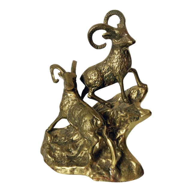 Vintage Mid Century Solid Brass Rams on Hillside Ram Figurine For Sale