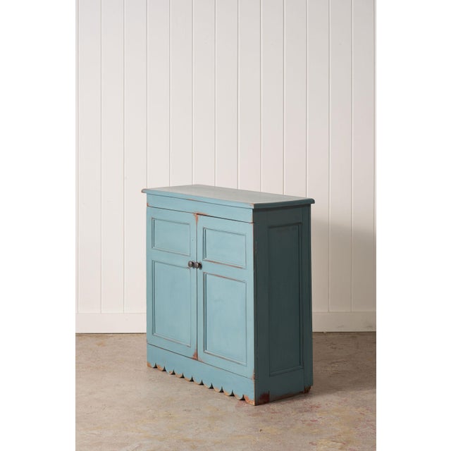 Antique English Pine Blue Painted Cabinet With Interior Shelves + Scalloped Apron For Sale - Image 4 of 10