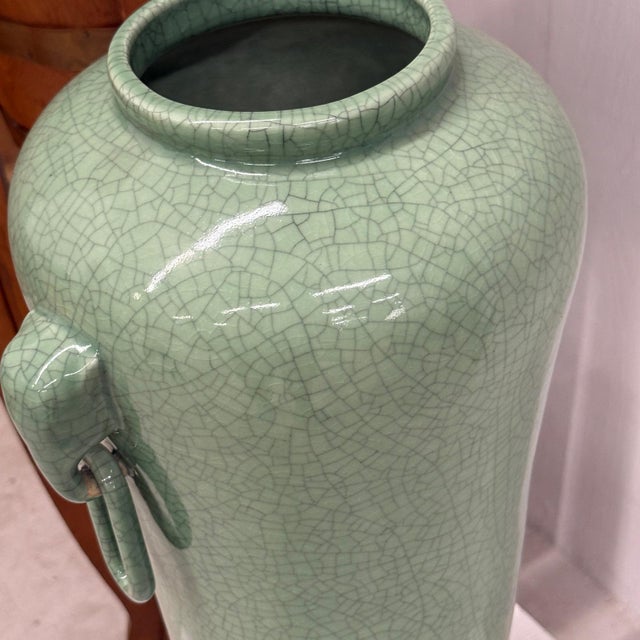 Tall Green Crackle Glazed Ceramic Vase with Elephant Handles For Sale - Image 10 of 10