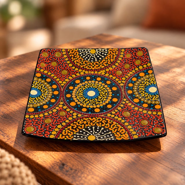Striking hand-painted ceramic art plate by Kepingke Art, dated 2006, featuring an intricate all-over dot and geometric...