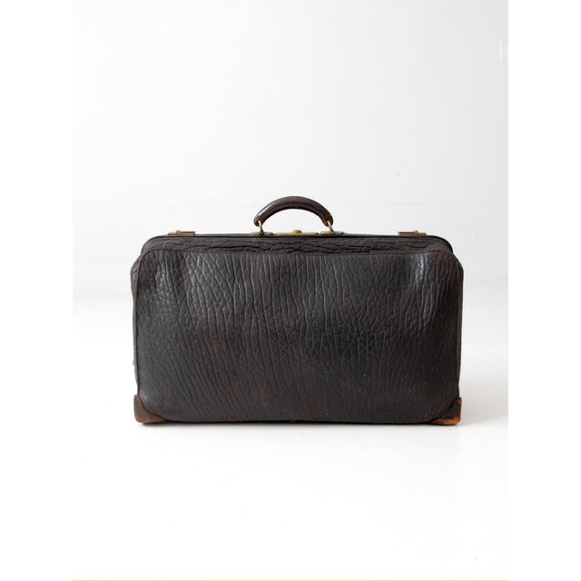Antique 1920s Black Leather Suitcase With Brass Hardware For Sale - Image 14 of 14