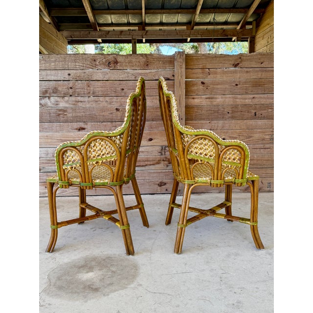 Vintage French-Style Rattan Bistro Side Arm Chairs With Handwoven Cane – Pair For Sale - Image 4 of 12