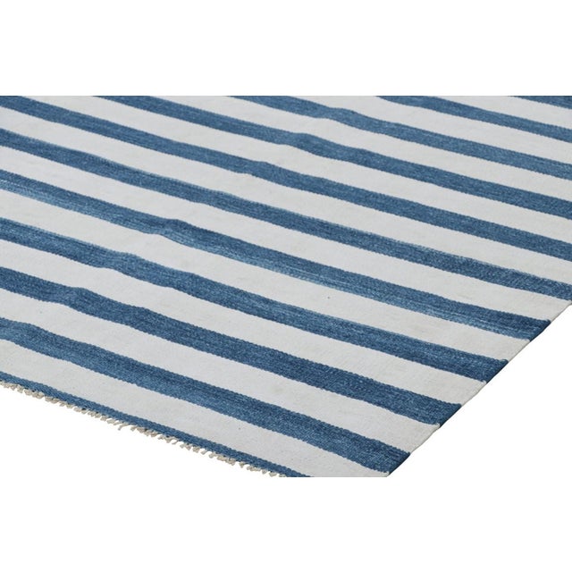 Rug & Kilim’s Contemporary Dhurrie Rug in Navy Blue and Off-White Stripes For Sale In New York - Image 6 of 7