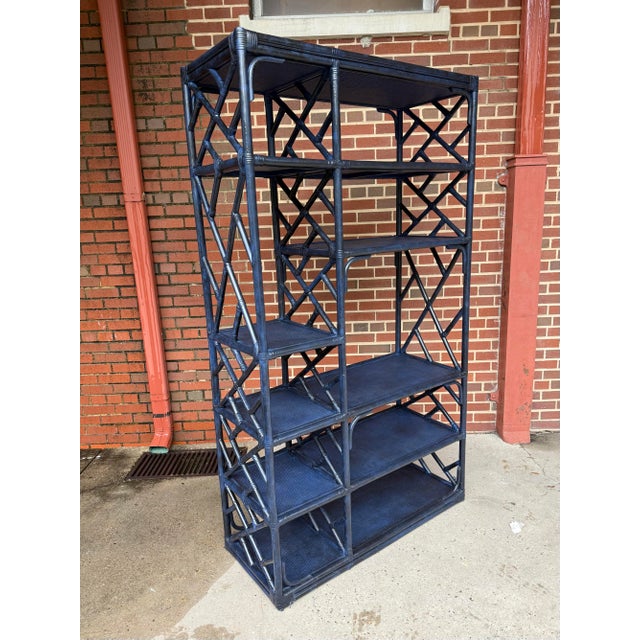 Vintage Turtle and Crane Bespoke Rattan Lapis Trellis Etagère | Hollywood Regency Chippendale Bookcase For Sale - Image 9 of 12