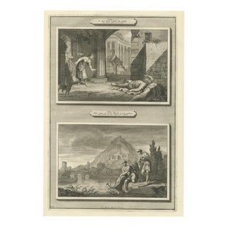 Pieter Mortier, Tobit Loses His Sight and Tobias Catches the Fish, 1700, Engraving For Sale