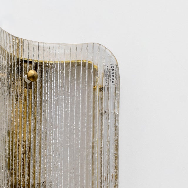 Curved Clear Ribbed Murano Glass and Brass Wall Sconces, 2000, Set of 2 For Sale - Image 8 of 9