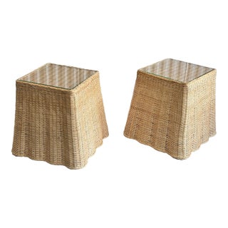 Wicker Scalloped Tromp L’oeil Side Accent Tables - A Pair For Sale