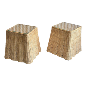 Wicker Scalloped Tromp L’oeil Side Accent Tables - A Pair