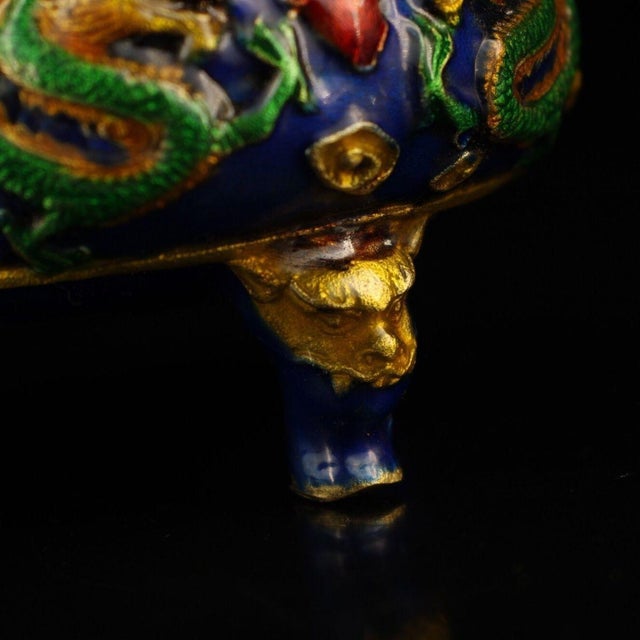 Metal Vintage Cloisonne Enamel Incense Burner – 3.9" Gilt Dragon Tripod Censer For Sale - Image 7 of 9