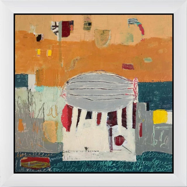 A warm orange sky sits over teal and gray shapes, with a striped gray form hovering above a white block like a teapot or...