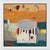 A warm orange sky sits over teal and gray shapes, with a striped gray form hovering above a white block like a teapot or...