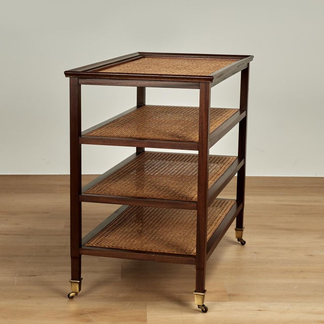 Brown Vintage British Colonial Style Caned Four Tiered Rolling Stand For Sale - Image 8 of 10