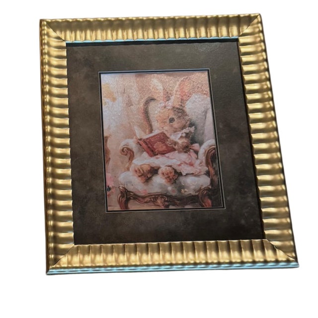 Large Storybook Bunny Reading Canvas Nursery Wall Art in Gold Ribbed Heavy Frames Pair For Sale - Image 4 of 8