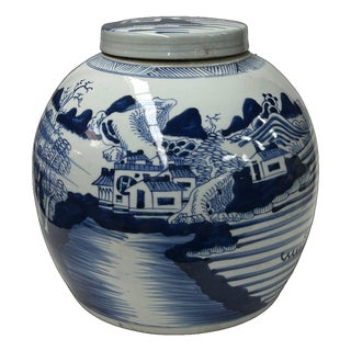 Oriental Blue White Scenery Porcelain Large Ginger Jar For Sale