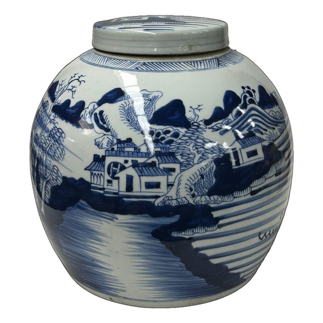 Oriental Blue White Scenery Porcelain Large Ginger Jar For Sale