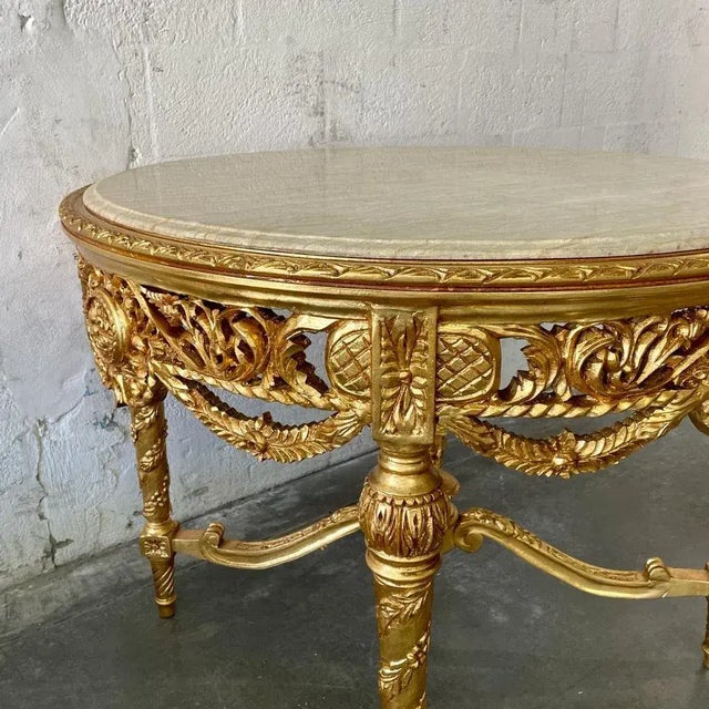 2020s Grand French Baroque Round Coffee Table – Beige Marble Top With Ornate Gold Leaf Details For Sale - Image 5 of 7