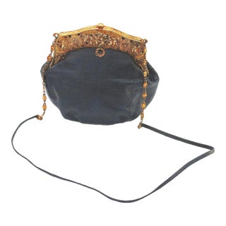 Circa 1925 22k Gold Plate Cherub Frame W/Newly Lizard Skin Handbag For Sale