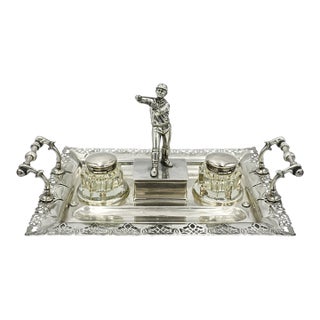 Antique 19th Century Equestrian Horse Jockey Silver Plated Desk Ink Well Set Office For Sale