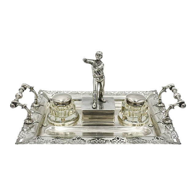 Antique 19th Century Equestrian Horse Jockey Silver Plated Desk Ink Well Set Office For Sale