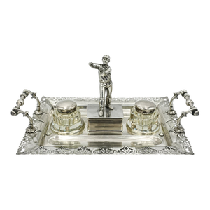 Antique 19th Century Equestrian Horse Jockey Silver Plated Desk Ink Well Set Office