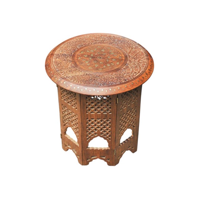 Antique Middle Eastern Circular Carved Table with Repetitive Brass Floral Patterns, 1890s For Sale - Image 3 of 8