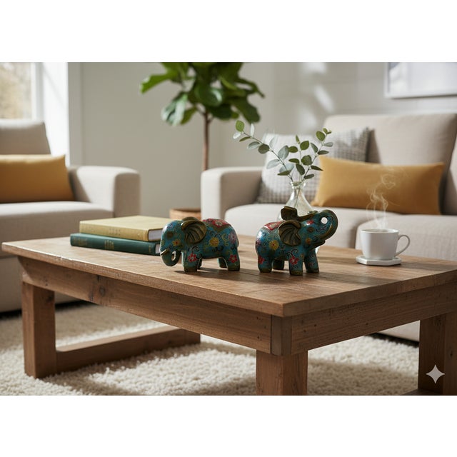 Metal Pair Turquoise Teal Enamel Fortune Fengshui Elephant Metal Figures For Sale - Image 7 of 9