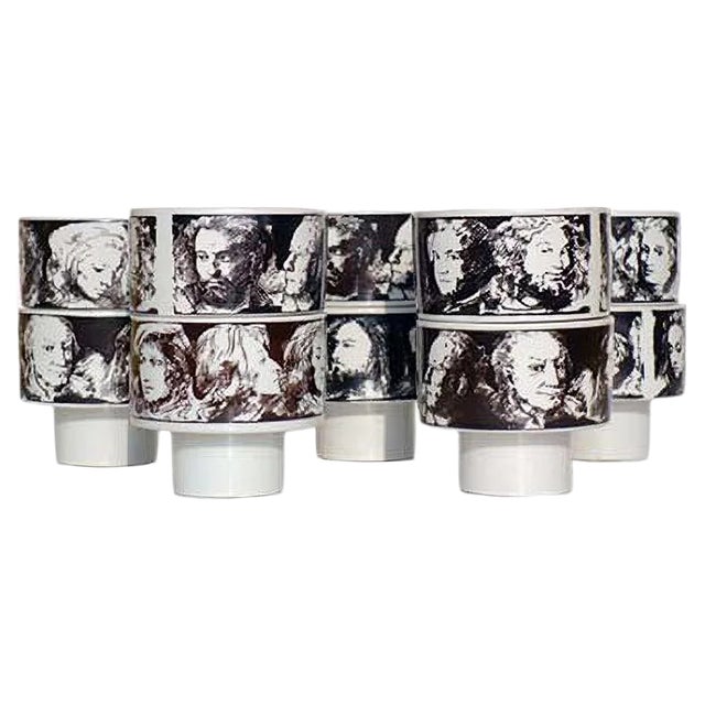 Black and White Ceramic Bowls by Pietro Annigoni for Porcellane Eva Sud, 1960s, Set of 10 For Sale