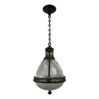 Vintage French Caged Holophane Glass Pendant Light, 1920s For Sale