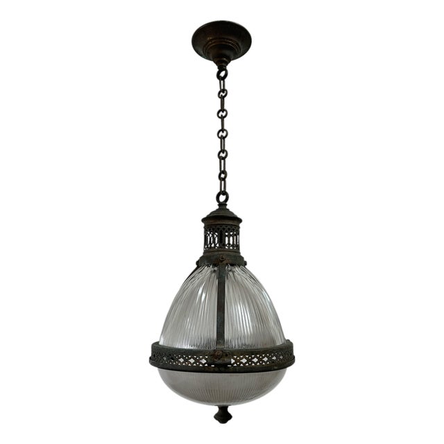 Vintage French Caged Holophane Glass Pendant Light, 1920s For Sale