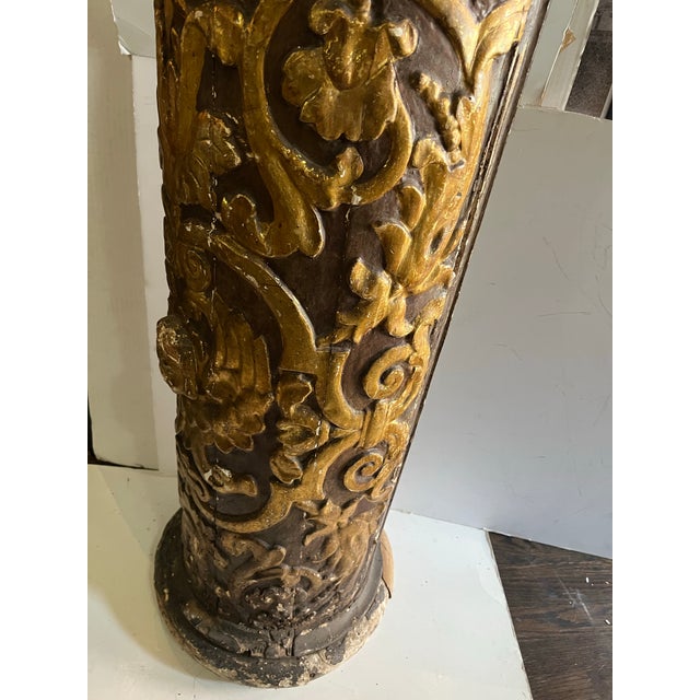 Wood 1840 Antique Ornate French Wooden Pedestal Column With Gold Highlights For Sale - Image 7 of 12