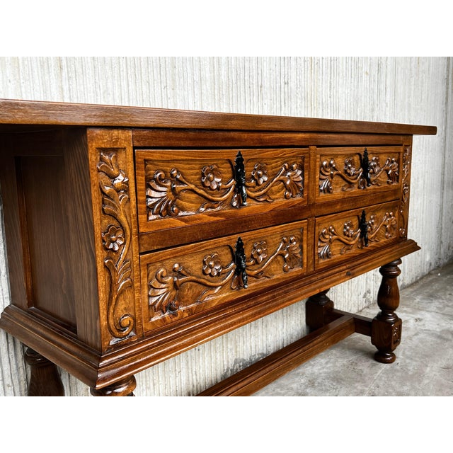 Early 20th Century Spanish Console Chest Table with Four Carved Drawers and Original Hardware For Sale - Image 12 of 18