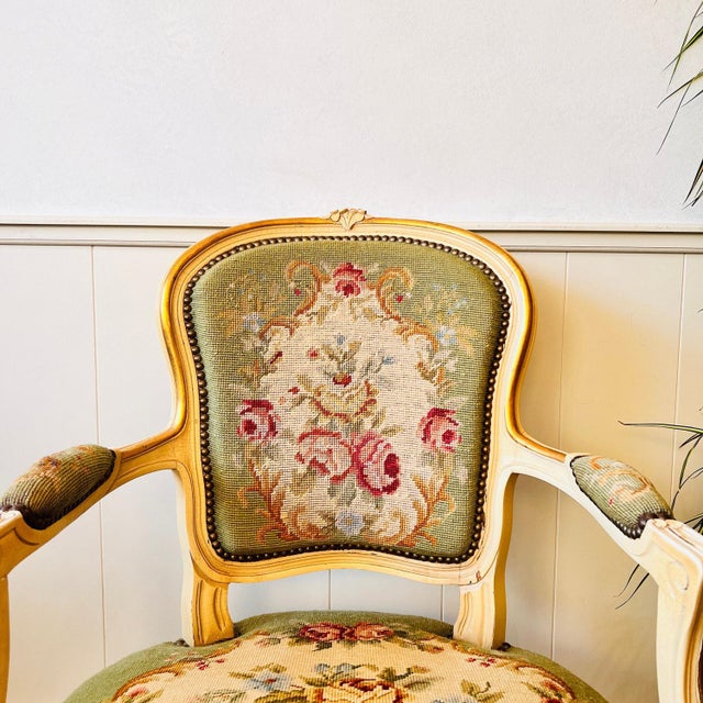 Antique Queen Anne Style Armchair with Rose Tapestry For Sale - Image 5 of 11