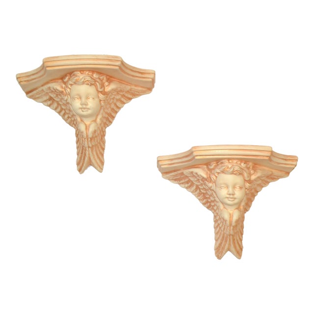 Pair of 1990s Ceramic Angel Head Wall Shelf Gold Bonze Cherub Gothic Baroque Victorian Décor For Sale