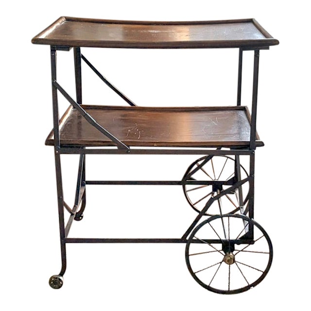 Antique Wood and Metal Industrial Rolling Tea or Bar Cart - Hotel Trolley For Sale