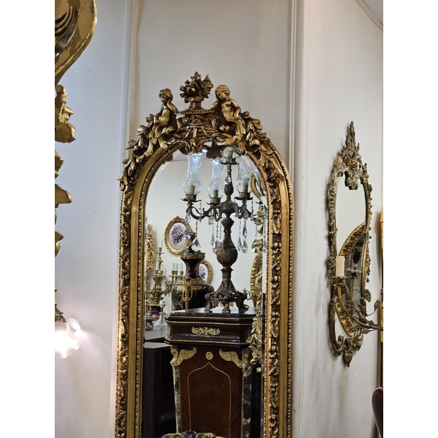 French Grand French Louis XV Floor Mirror With Cherub Crest & Gold Leaf Frame For Sale - Image 3 of 7